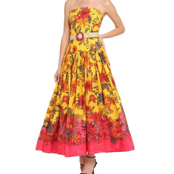 ZIMMERMANN Ginger Strapless Midi Dress Pink & Yellow Floral Midi Dress Size 6 - Picture 4 of 16